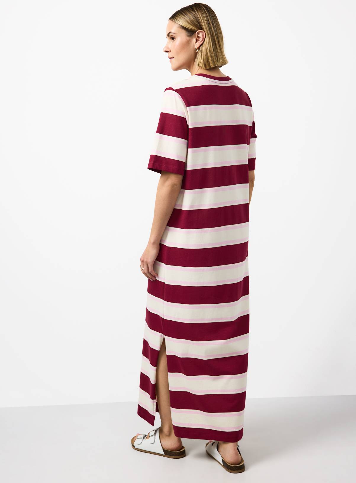 Dark Red Stripe Print Cotton Jersey Midaxi T-Shirt Dress 14 - Image 4